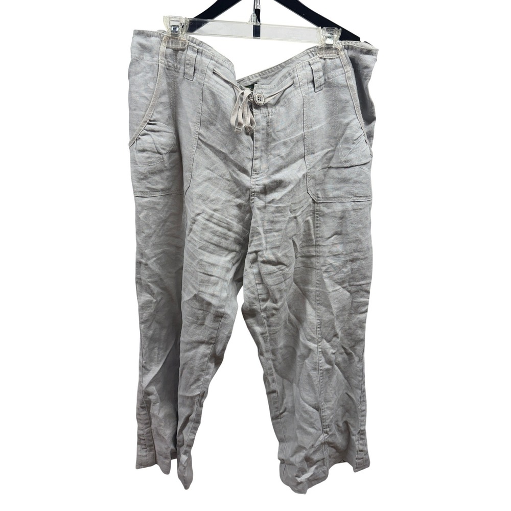 Eddie Bauer Women's Plus 18 100% Linen Grey Wide Leg Tie Waist Cargo Pants